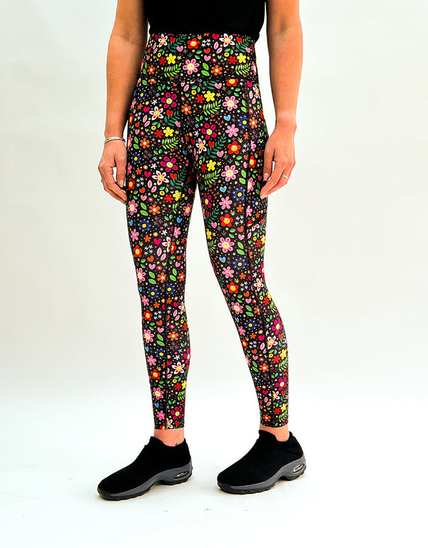 Colorful floral high-rise leggings with side pockets for activewear and casual use