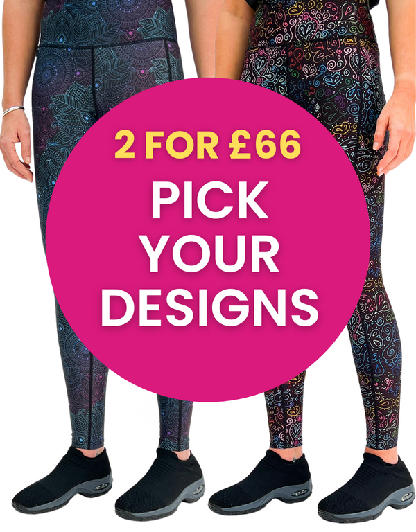 Two women wearing patterned gym leggings standing side by side with a pink circle in the center promoting a 2 for £66 activewear mix and match bundle offer.