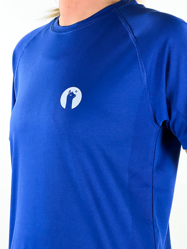 Royal blue breathable active llama t-shirt with quick-dry fabric and round neckline