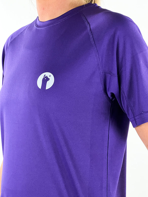 Purple Active Llama lightweight breathable quick-dry workout t-shirt with llama logo