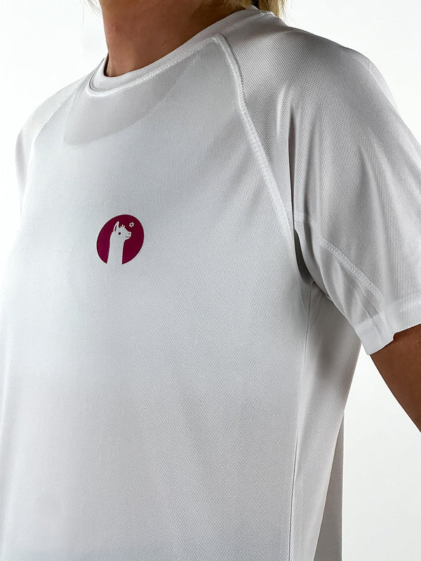 White Active Llama T-Shirt with breathable, lightweight fabric and llama logo on chest
