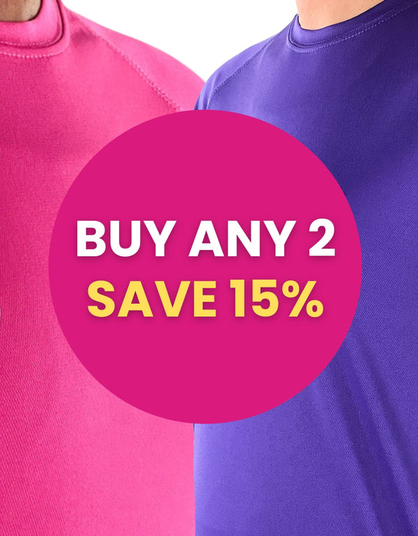Bundle of Active Llama T-Shirts in pink and purple with discount offer circle