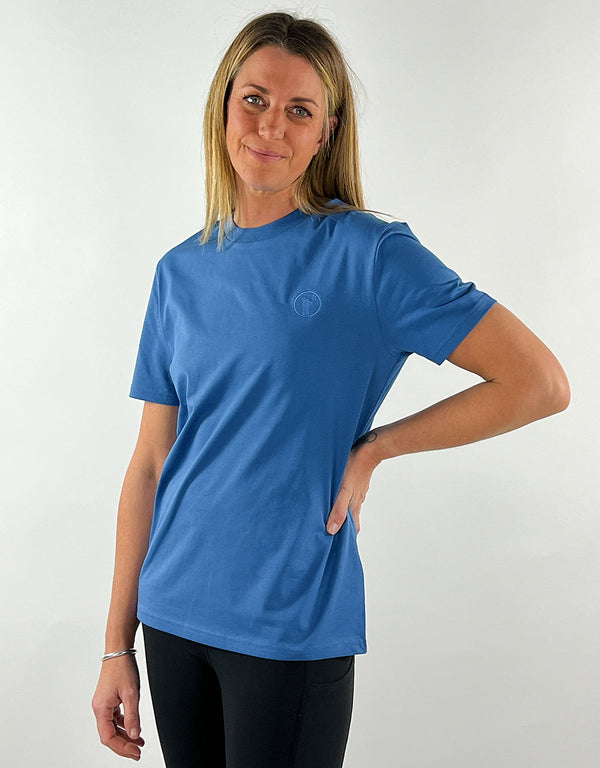 Blue casual llama t-shirt made from 100% organic cotton with embroidered logo, worn by woman in relaxed fit