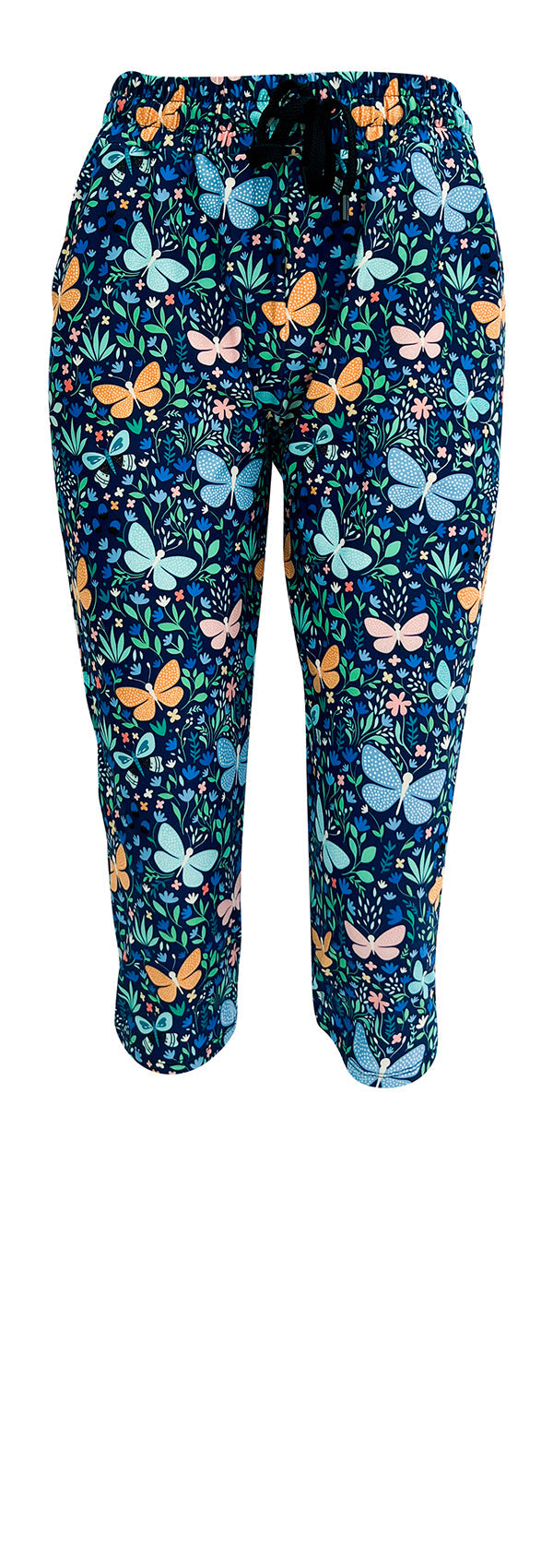 Slim fit Butterfly Oasis Joggers with blue butterfly and floral pattern, cuffed bottoms, drawstring waist, and pockets in soft fabric