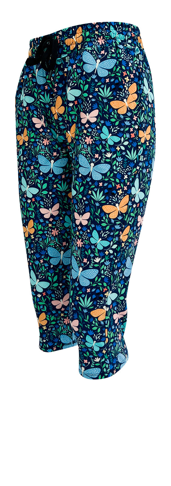 Slim fit Butterfly Oasis Joggers with blue and mustard butterfly print, floral design, drawstring waist, cuffed bottoms, and pockets.