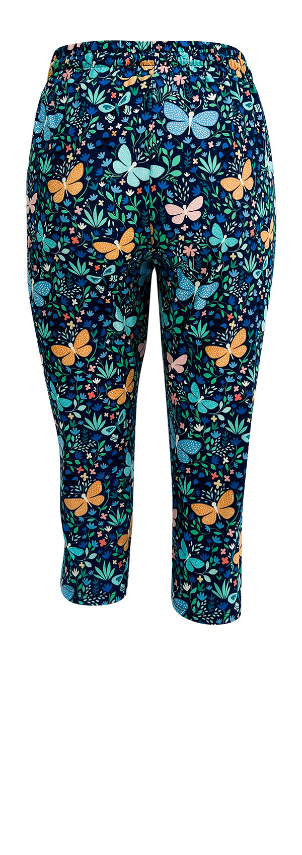 Butterfly Oasis Joggers with blue and orange butterfly print and floral design on navy background, slim fit with cuffed bottoms and drawstring waist