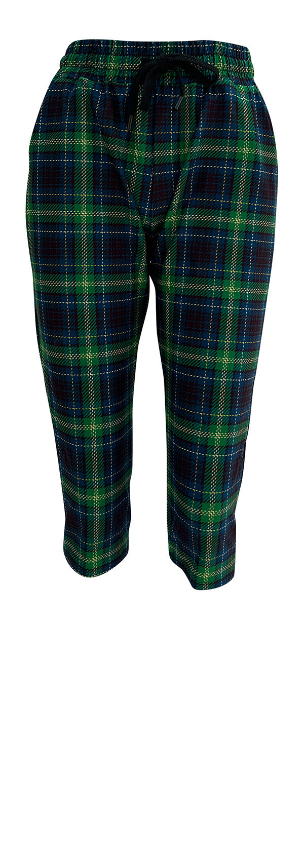 Highland tartan joggers in green and blue with yellow and black check, slim fit with cuffed bottoms, drawstring waist, and pockets.