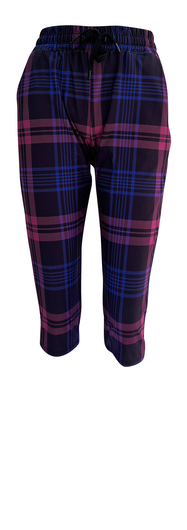 Slim fit Thistle Tartan Joggers in deep purple with cuffed bottoms, drawstring waist, and pockets