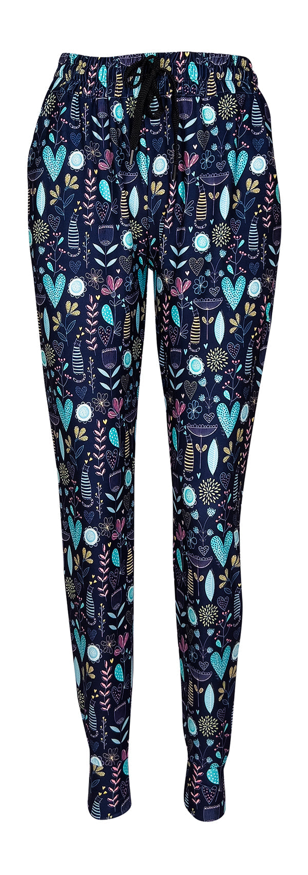 Wildflower Whiskers Joggers with pastel floral, heart, and striped kitty design on blue, slim fit with cuffed bottoms, drawstring waist, and pockets