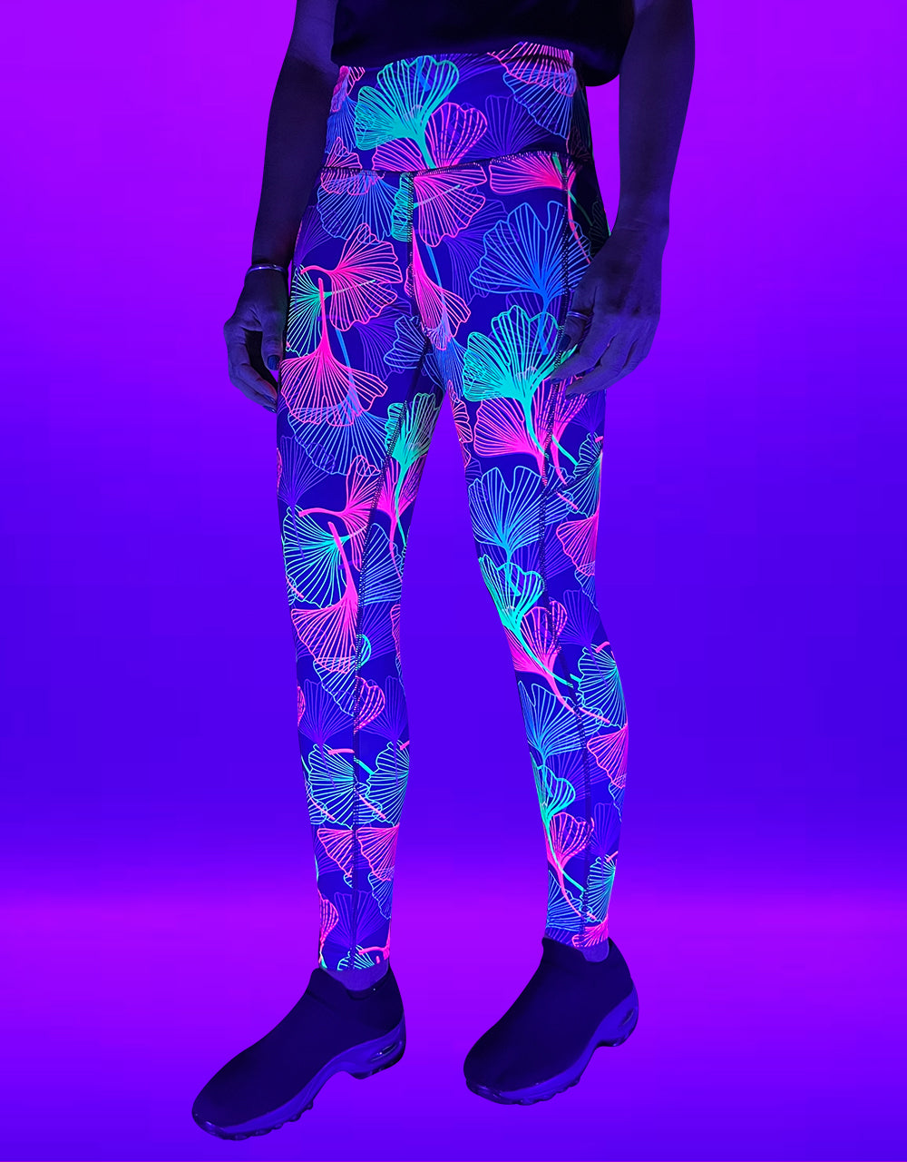 Paradise Glow UV Reactive Gym Leggings | Leafy Print | Squat Proof