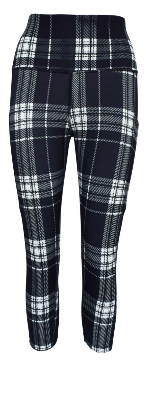 Monochrome Tartan + Pockets-Adult Pocket Leggings