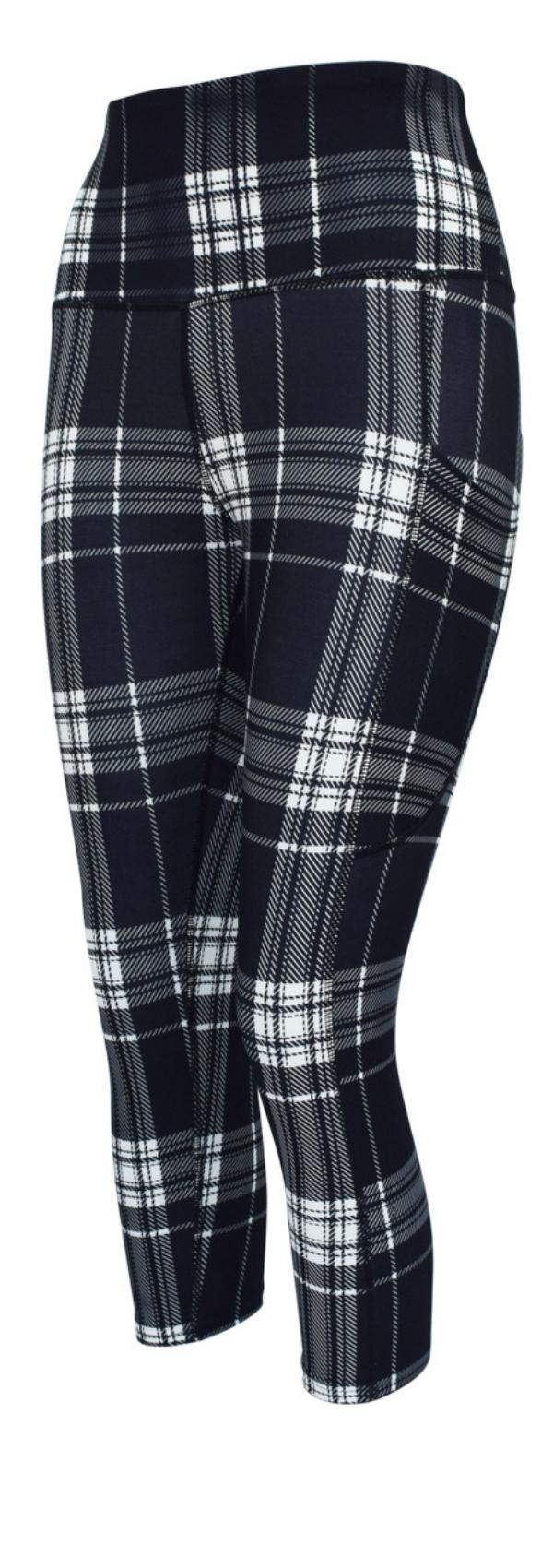 Monochrome Tartan + Pockets-Adult Pocket Leggings