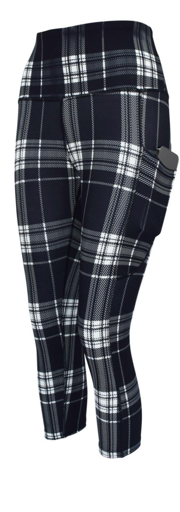 Monochrome Tartan + Pockets-Adult Pocket Leggings