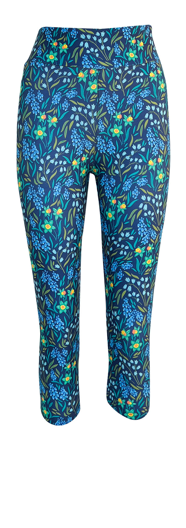 leggings for women with bright daffodil and spring floral pattern on soft blue background