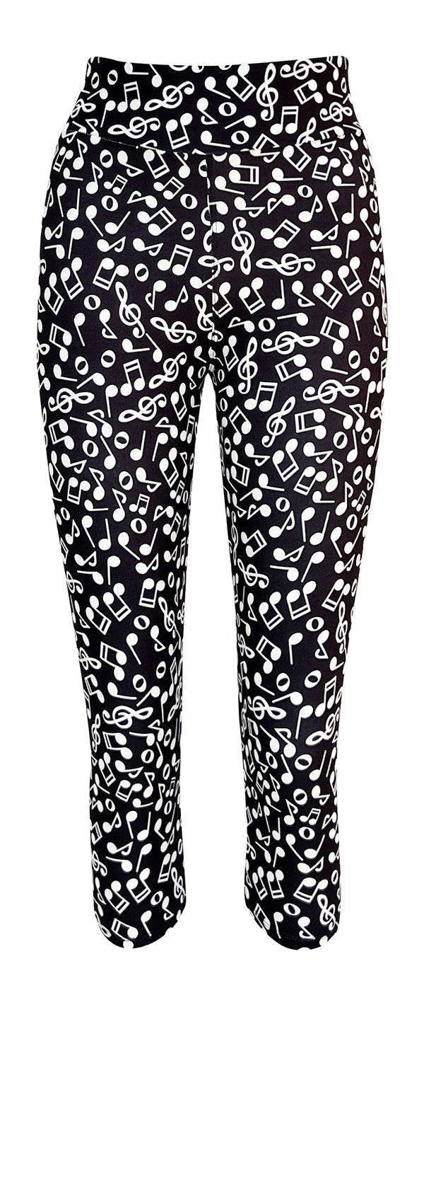 Black women's leggings with white musical note pattern, stretchy and comfortable fit