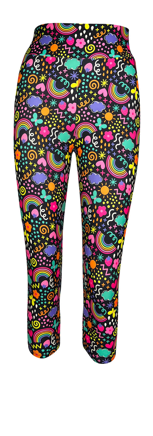 Colorful women's leggings featuring vibrant rainbow and doodle patterns with a supportive waistband for comfort and style