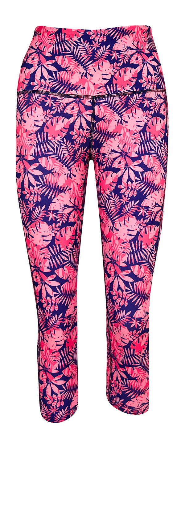 Tropical leggings with bright pink palm leaf print on purple-blue background and deep side pockets
