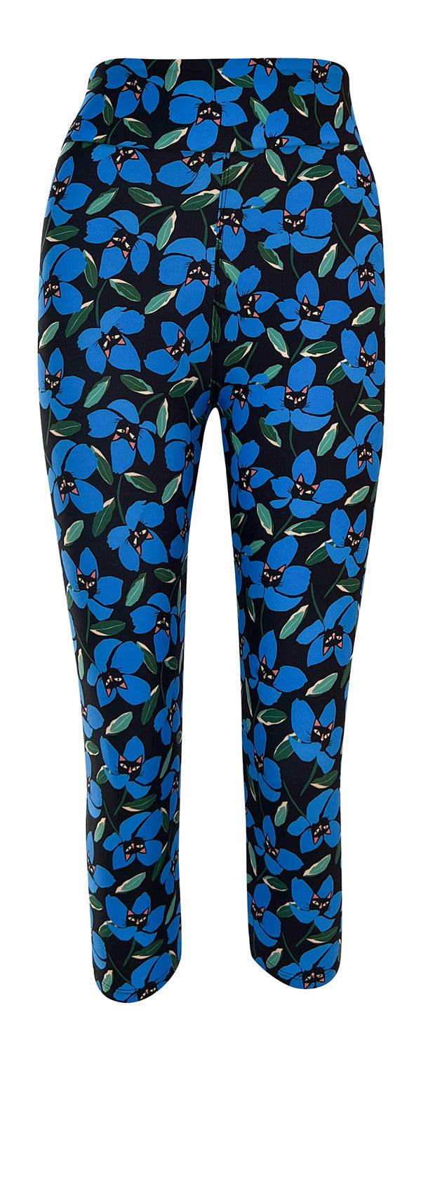 blue floral leggings for women with peeking black cat design and comfortable fit
