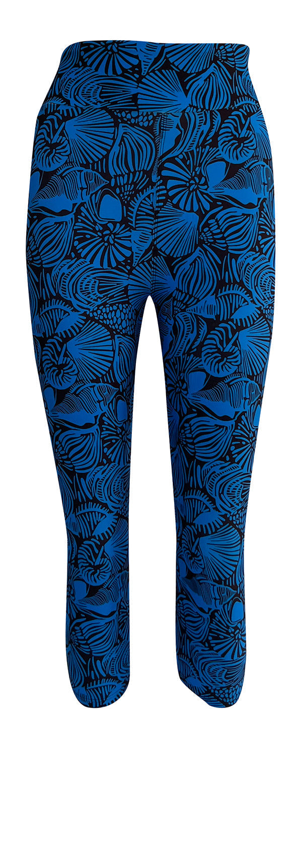 Blue and black seashell print leggings for women with high waistband