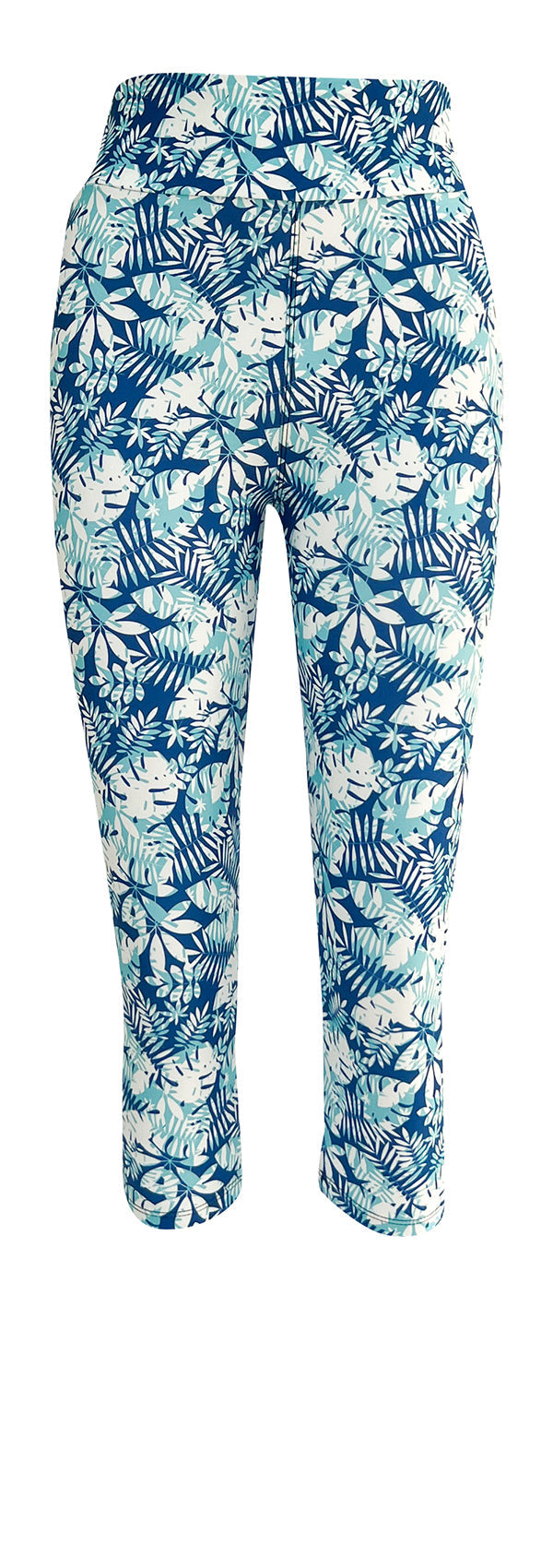 Blue and white tropical leaf print leggings called Tropical Breeze