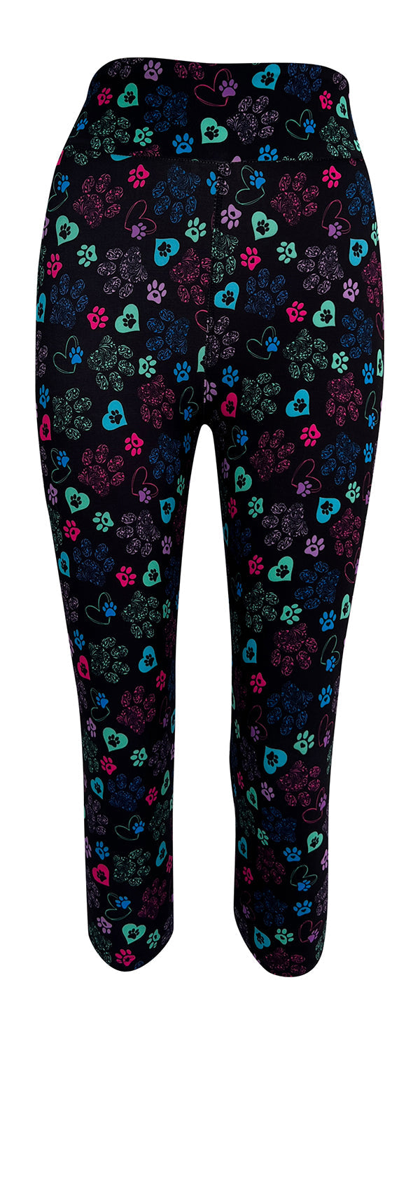 Black leggings with brightly colored heart and paisley paw prints featuring Magic Paws design