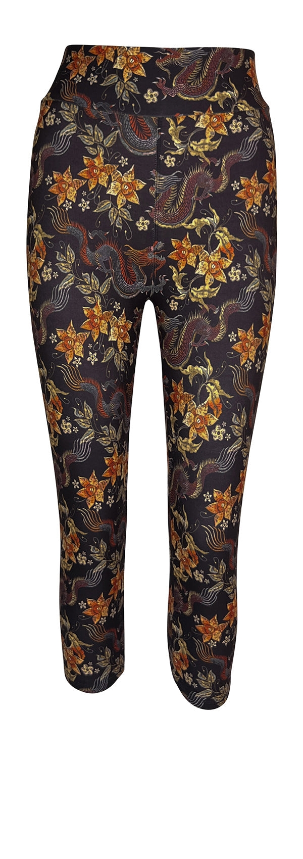 Black leggings with Dragon Dreams mystical dragons and floral designs pattern