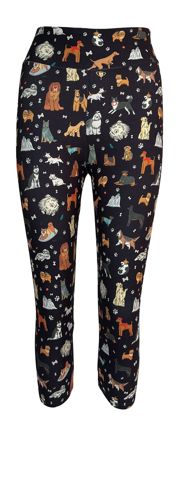 Black leggings with colorful dog illustrations dog-themed Doggy Delight design