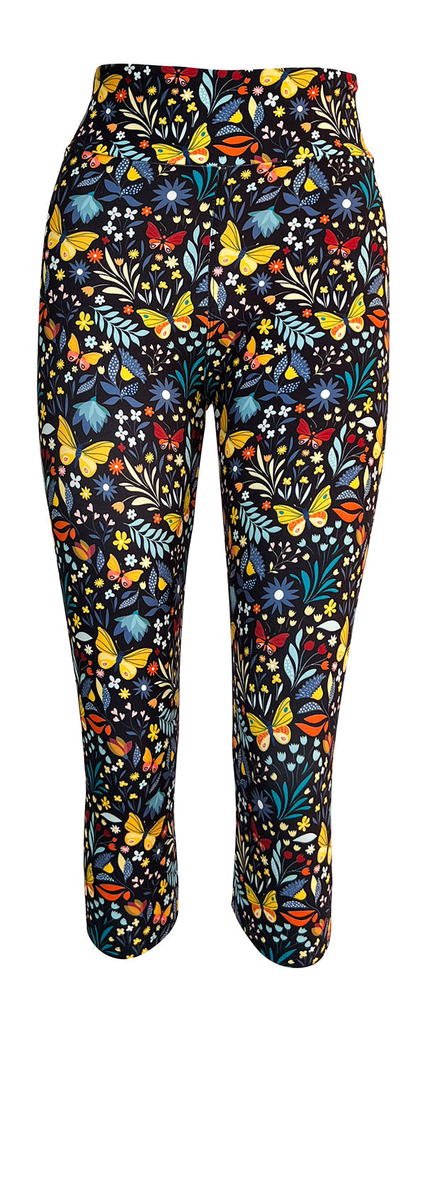 Colorful leggings for women with butterfly and floral print on a black background