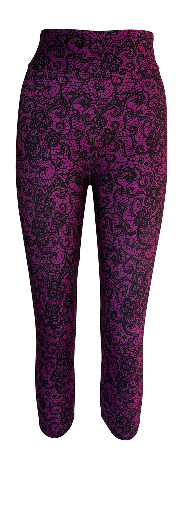 Magenta lace patterned leggings with intricate floral design
