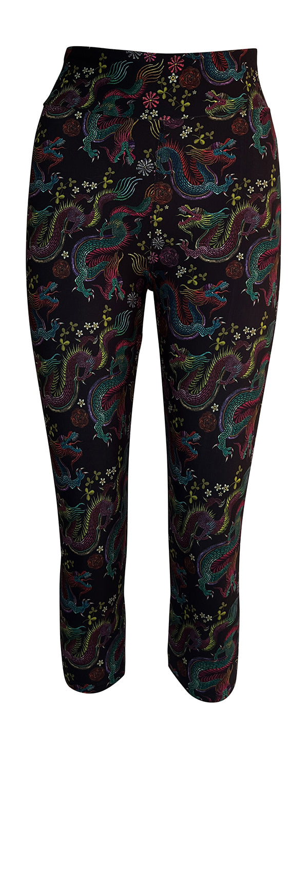 Black leggings with colorful soaring dragons and delicate floral patterns, Dragon Fantasia design
