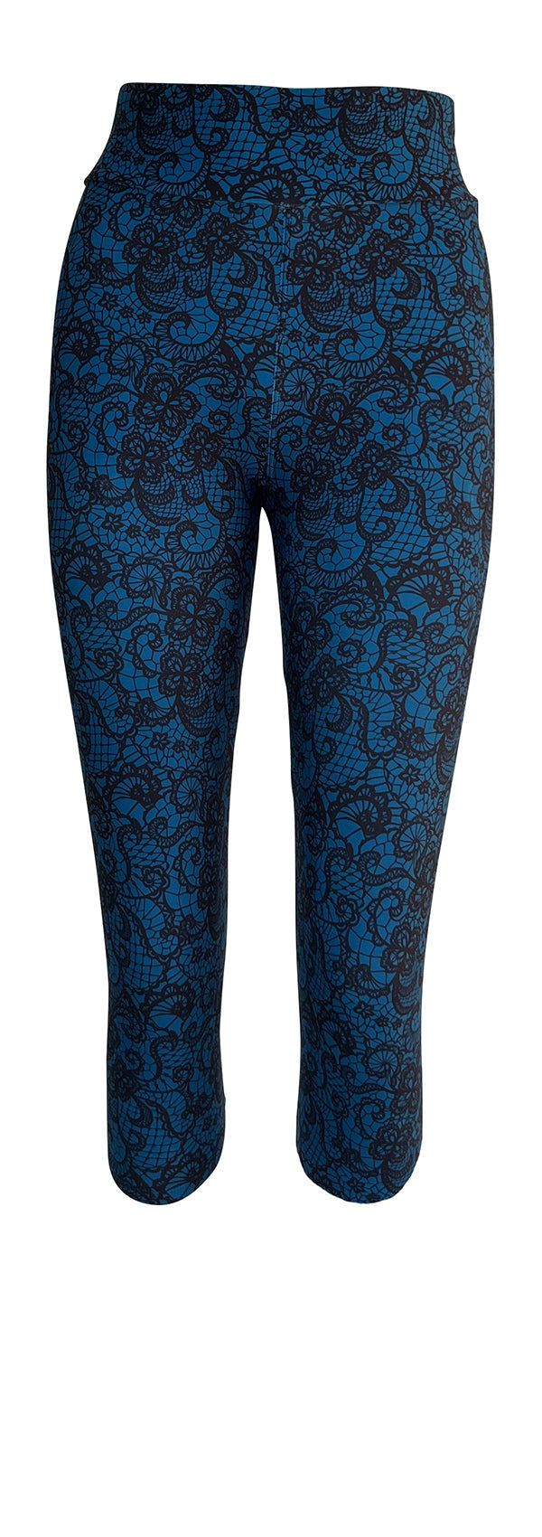 Blue Lagoon Lace leggings with deep blue and black intricate lace pattern, high-waisted design