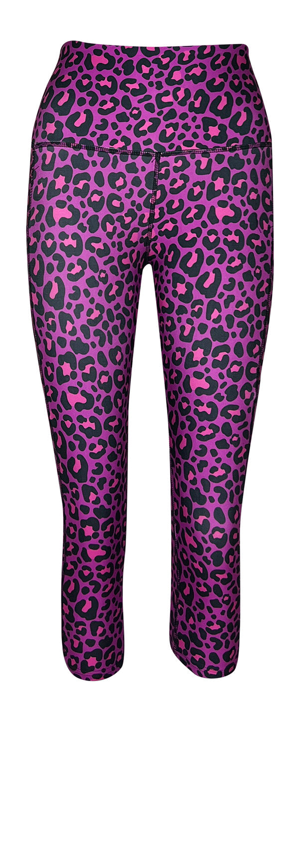 Purple leopard print leggings with pockets, high-rise waistband, and squat-proof fabric for activewear.