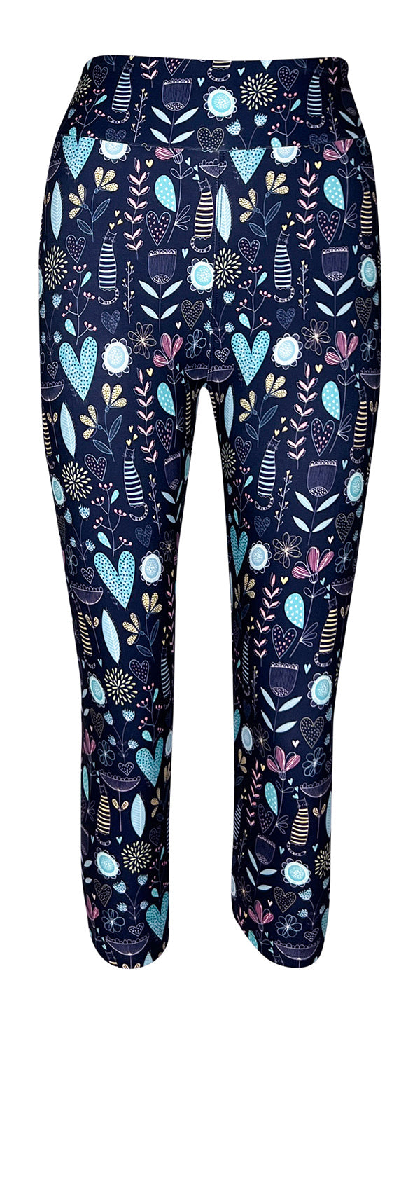 Wildflower Whiskers leggings with pastel floral, heart, and striped cat designs on blue background