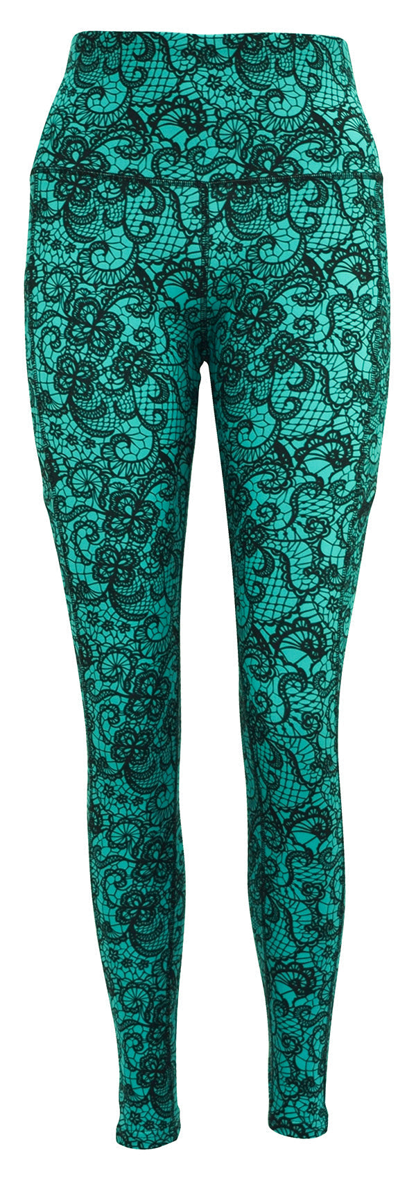 Teal blue lace patterned leggings for women with high waistband and stretchy fabric