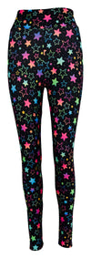 Black leggings with colorful rainbow starburst pattern