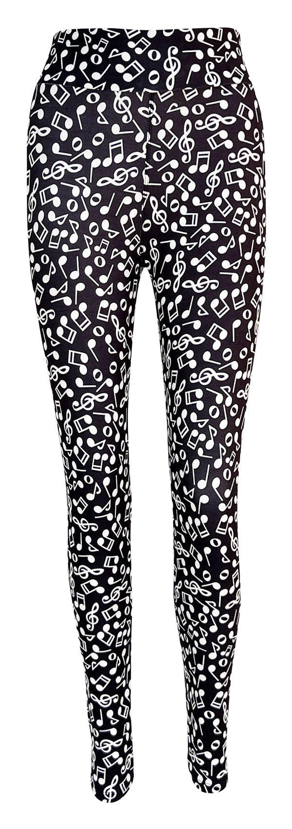 Black leggings for women with white musical note pattern, stretchy and comfortable fit.