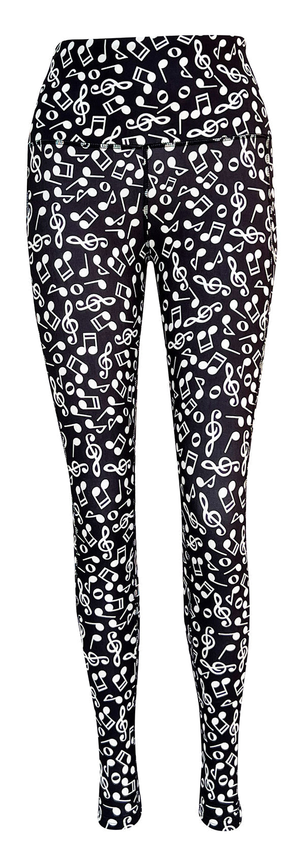 Black leggings with pockets featuring white musical notes and symbols pattern