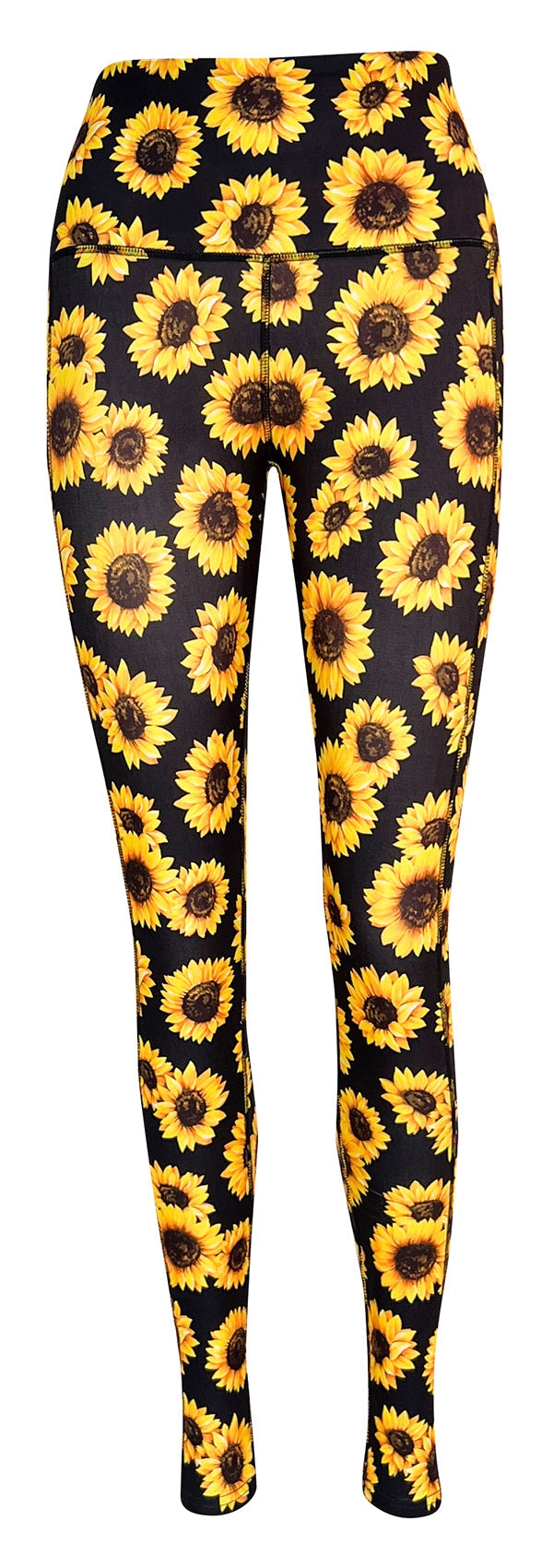 Black leggings with bright yellow sunflower print and deep side pockets for women