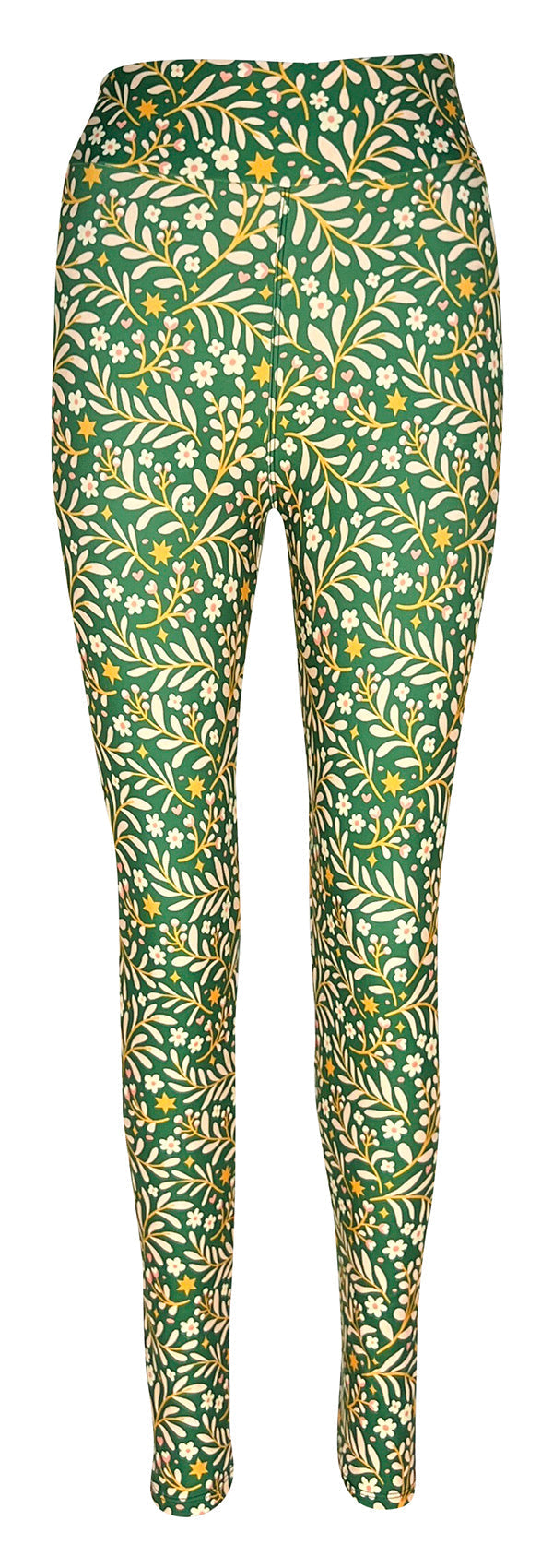 green leggings for women with delicate floral and leaf pattern and golden stars design