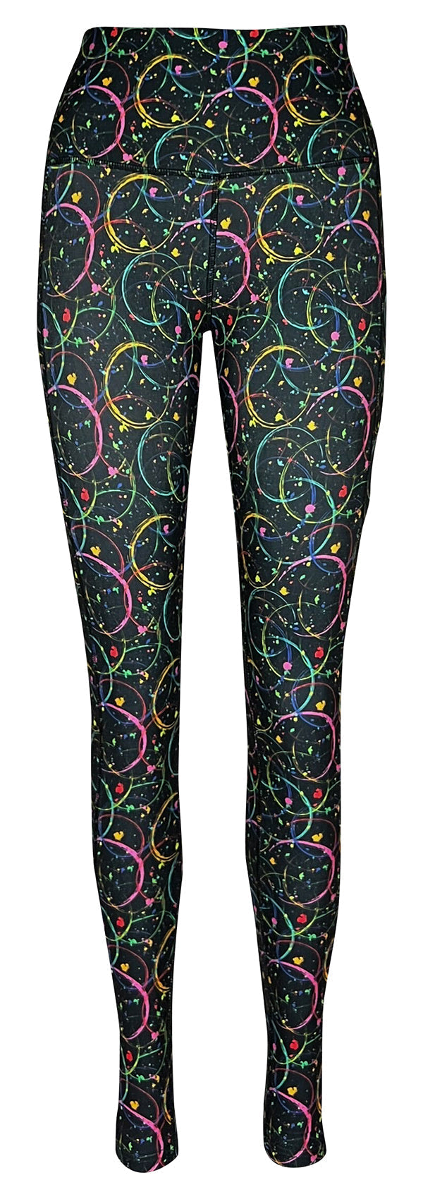 Black leggings with neon pink, green, and blue circular patterns and paint splatters featuring deep side pockets.