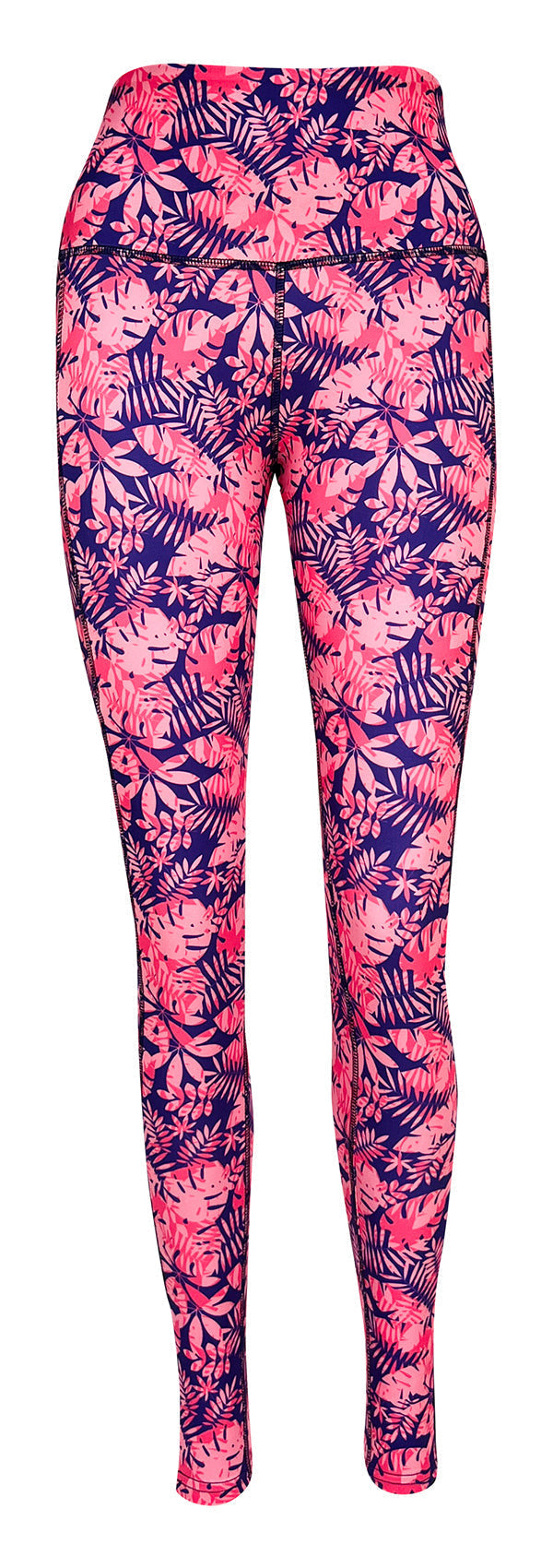 Tropical Oasis leggings with pink palm leaf print, high-rise waistband, and side pockets on purple-blue background