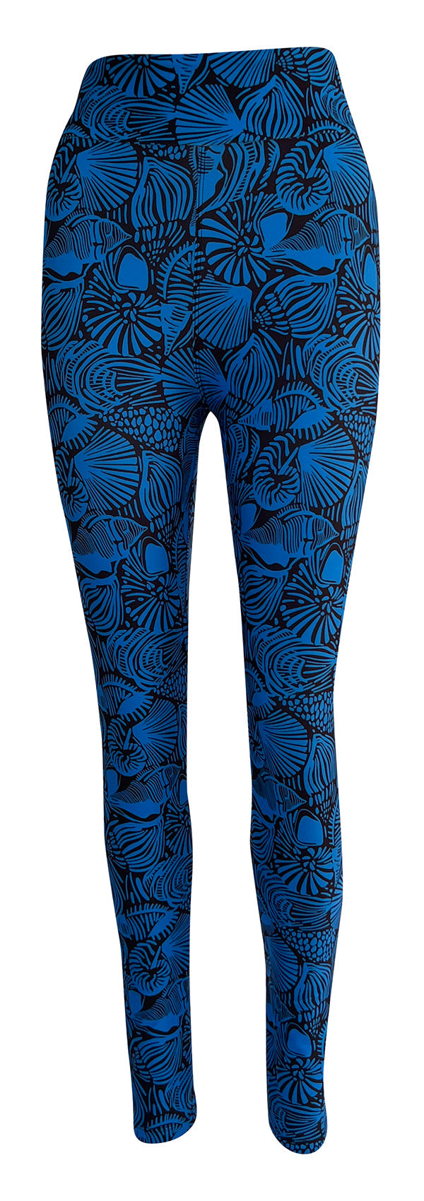 Blue and black high-waisted leggings for women with vibrant seashell print inspired by the ocean.