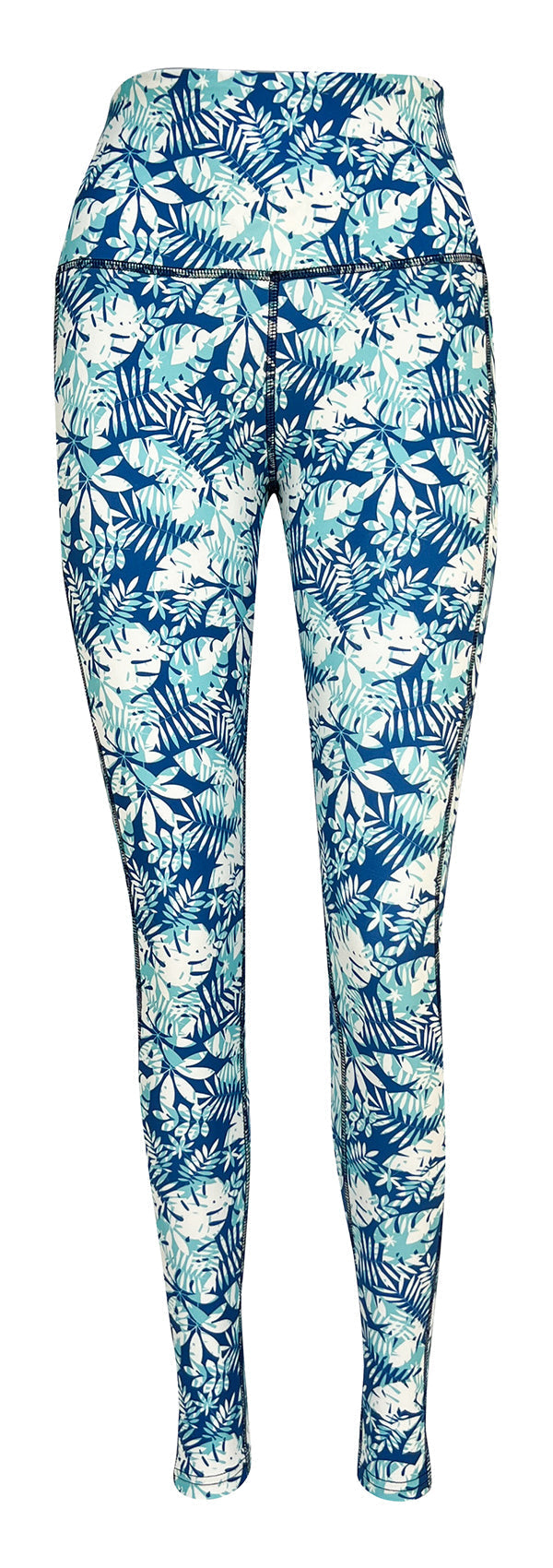 Blue and white tropical print leggings with pockets, high-rise waistband, and breathable fabric for activewear