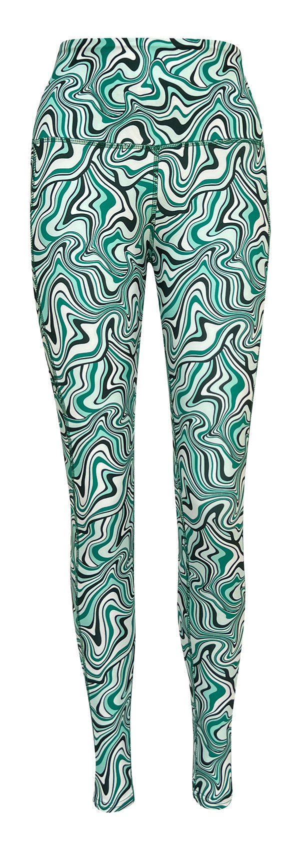 Mint swirl leggings with abstract green and white pattern and deep side pockets