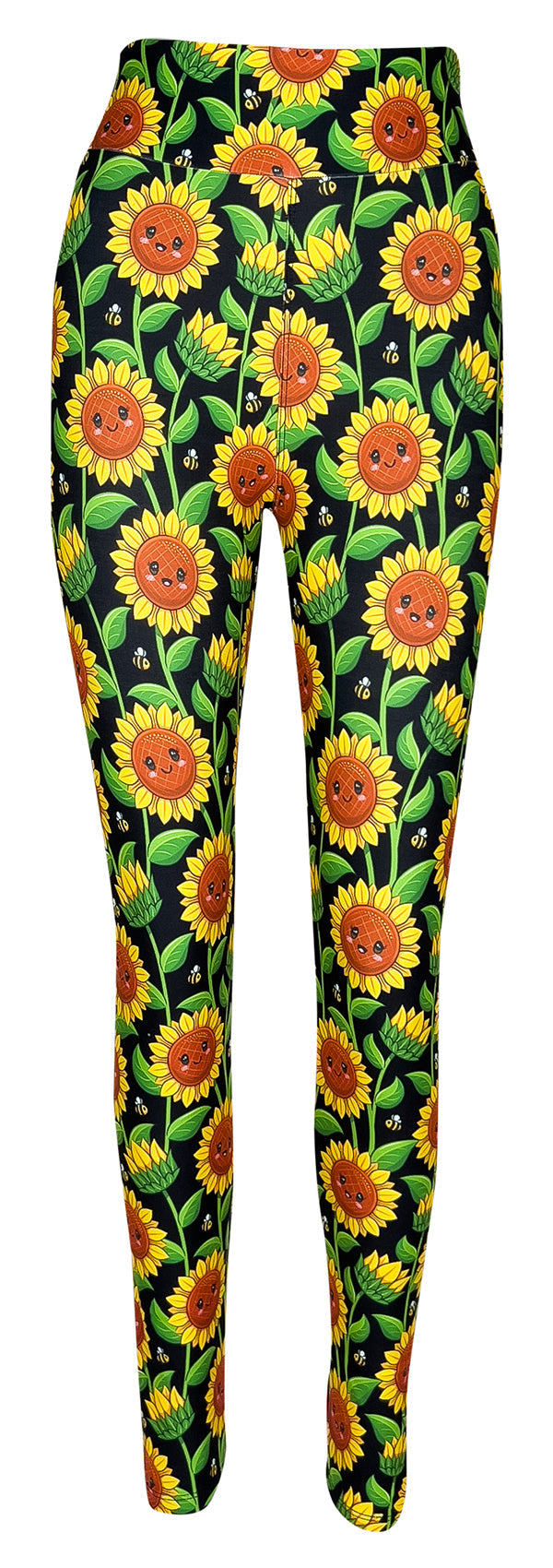 Kids' leggings with bright sunflower smiles and bees on a black background
