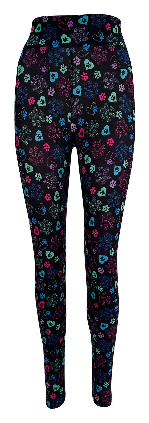 Magic Paws Kids leggings with colorful heart and paisley paw prints on black background