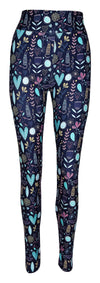 Wildflower Whiskers leggings with pastel floral, heart designs, and striped kitties on navy background