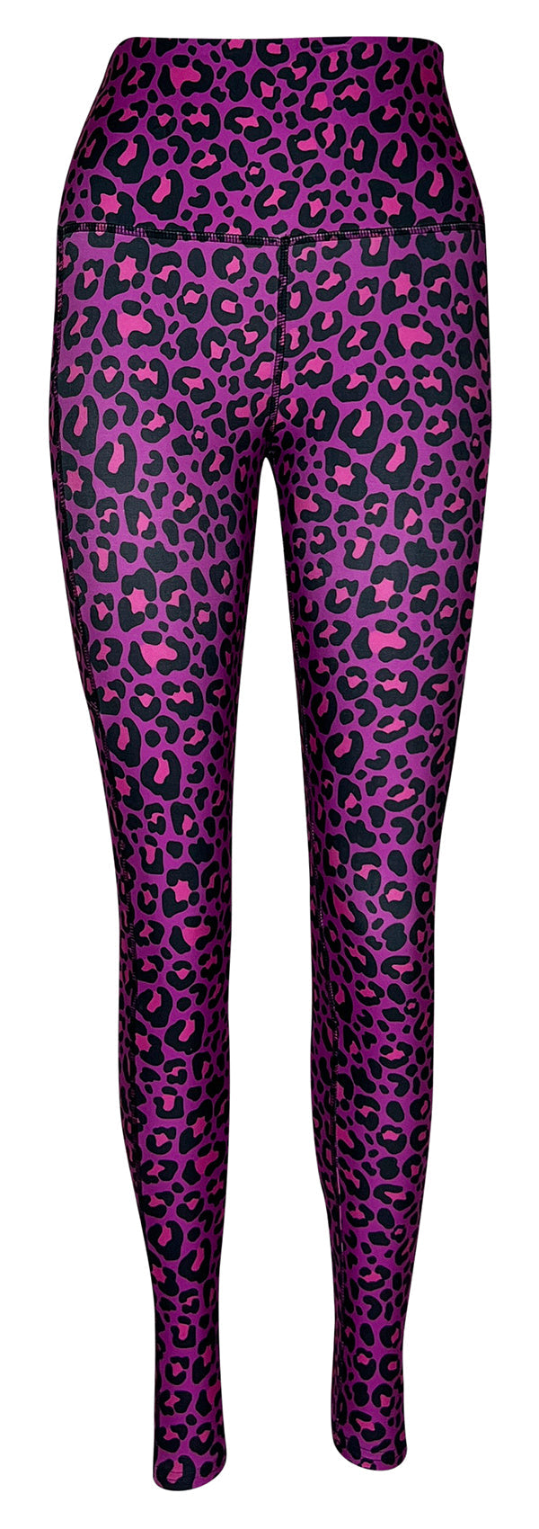 Purple leopard print high-waisted leggings with pockets, sweat-wicking and squat-proof fabric for activewear.