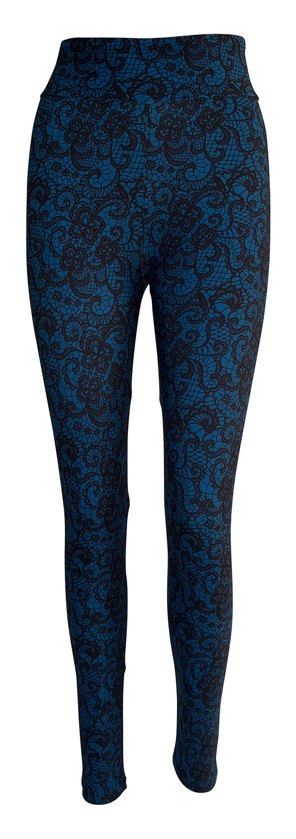 Blue Lagoon Lace leggings in deep blue and black with intricate lace pattern