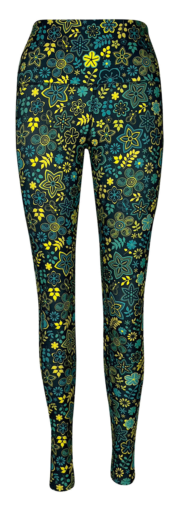 Fantasy flower patterned leggings with pockets featuring butterflies and leafy vines in dark and yellow tones